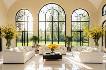 Elegant modern mansion living room with large arched windows and stylish decor overlooking nature