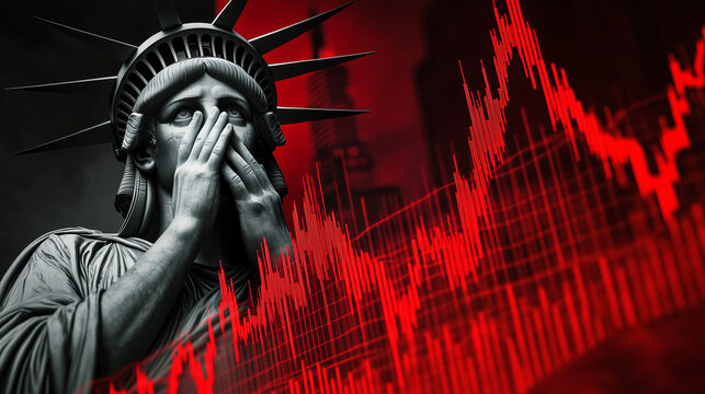 Statue of Liberty gesturing despair, covering face with hands while red stock market graph plummets behind silhouette, symbolizing economic downturn - Powered by Adobe
