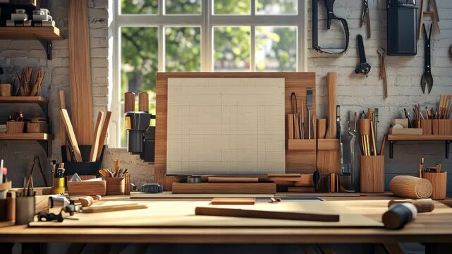 Sunlit Woodworking Studio with Organized Tools and Drafting Board on Wooden Workbench, Creating Serene and Focused Atmosphere for Craftsman in Well Organized Workshop Illuminated by Natural Light