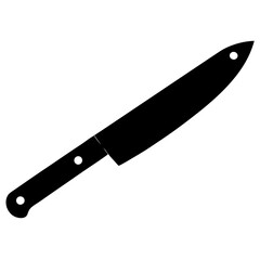 A sharp kitchen knife with a black handle on a white background, isolated and shiny, made of stainless steel, designed for cutting food