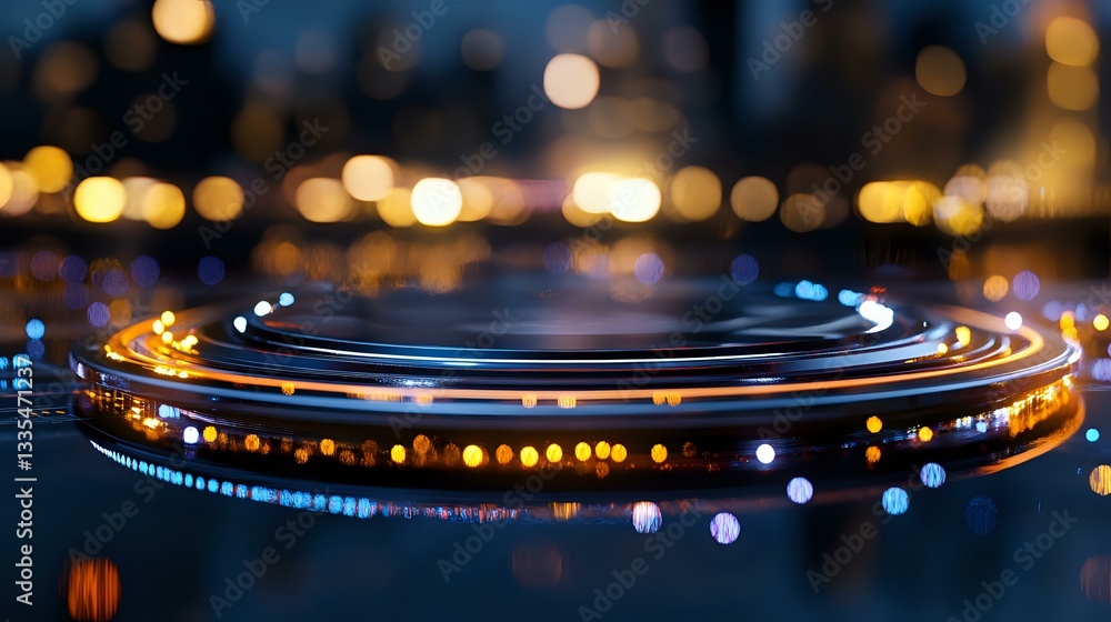 Poster glowing circular light trails with bokeh effect create futuristic abstract composition against dark 