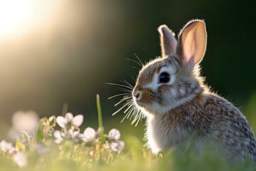 Obraz premium Young brown rabbit sitting in spring meadow among white flowers at sunset, soft natural bokeh background creates dreamy atmosphere. Wildlife photography.