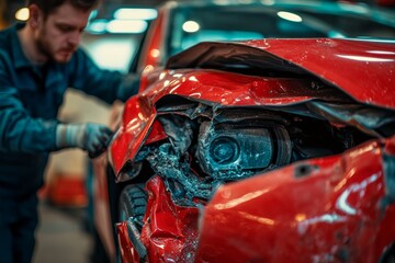 Auto mechanic repairs accident damaged red car at workshop with professional tools and techniques