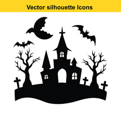 Mysterious Silhouette: A captivating silhouette of a haunted house, complete with bats, a full moon, and spooky trees, evoking the chilling essence of Halloween.