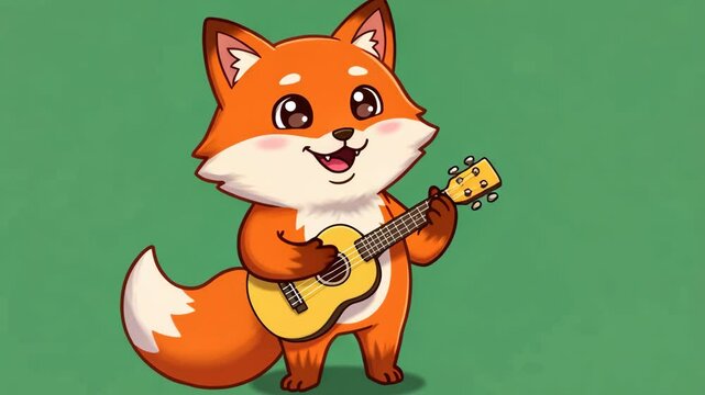 Cute Orange Fox Playing Ukulele on Green Background