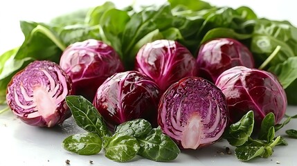 Fresh cut red cabbage heads with vibrant purple color and green leaves arranged on white surface, showing cross-section texture and natural patterns.