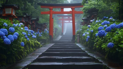 Gordijnen 紫陽花が彩る赤い鳥居と神社の風景 © bephoto