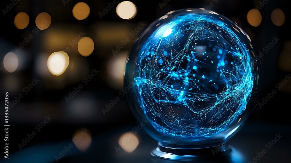 Poster glowing blue sphere with network connections on dark background with bokeh lights, representing glob