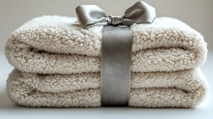 Folded cream sherpa blankets tied with elegant gray satin ribbon bow. Cozy winter home decor and lifestyle photography showing soft textured fabric layers.