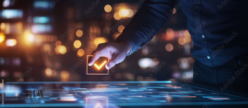 Poster efficient office setup with holographic checkmark and city view