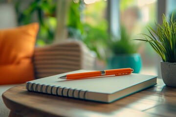 Elegant white notebook with orange pen on wooden table surrounded by plants in cozy living room