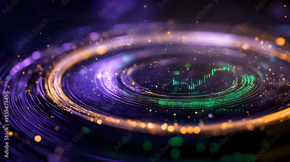 Poster glowing spiral galaxy with purple and orange light trails against dark background, sparkling particl