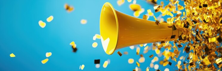 A vibrant yellow megaphone erupts with golden confetti against a blue background, symbolizing celebration and excitement.