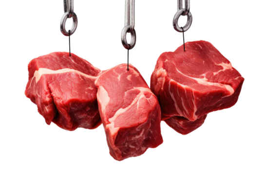 raw beef meat pieces on the metal hook on transparent background