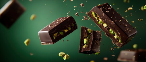 A deep emerald green background featuring luxurious Dubai chocolate bars with pistachio paste filling