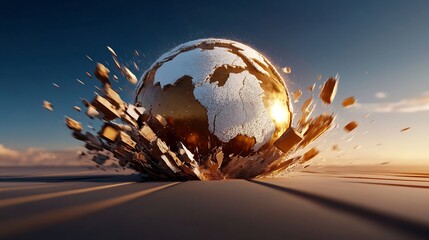 Golden Earth shattering in a dramatic explosion over a sandy plain at sunrise.