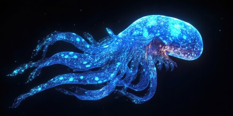 An illuminated blue creature with tentacles floating in the dark