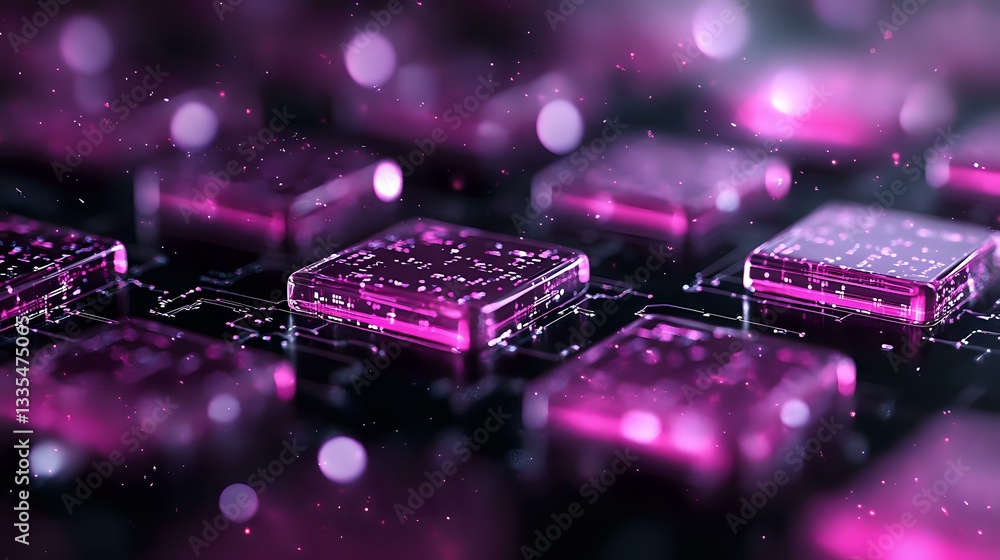 Poster glowing pink computer keyboard keys with bokeh light effects and water drops creating futuristic tec