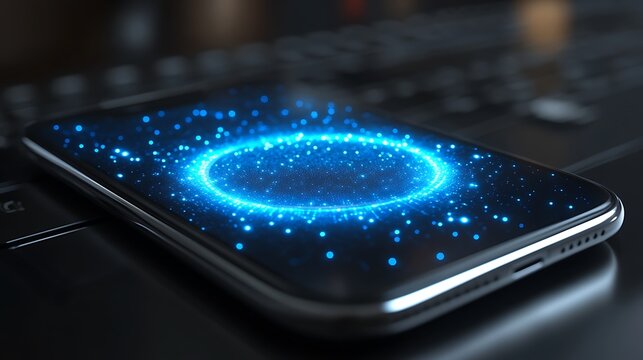 Glowing blue circle on smartphone screen.