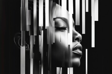 Abstract black and white portrait with glitch effect and cyberpunk design featuring wooden strips