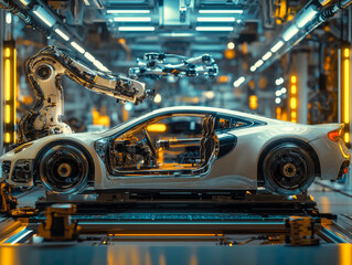 Fototapeta premium Modern automotive production workshops with intelligent robotic arms in operation