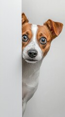 A curious dog with big eyes peeking around a white wall.