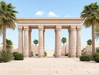 Fototapeta premium Ancient Egyptian temple entrance with palm trees and desert backdrop
