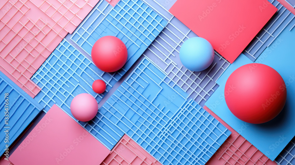 Poster broken grid geometric harmony. a visually striking geometric arrangement of pastel-colored spheres a