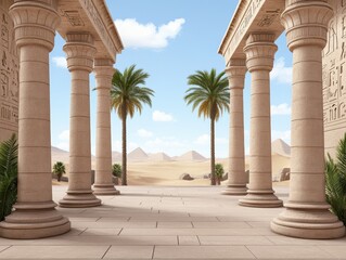 Fototapeta premium Ancient Egyptian temple entrance with palm trees and desert landscape in background
