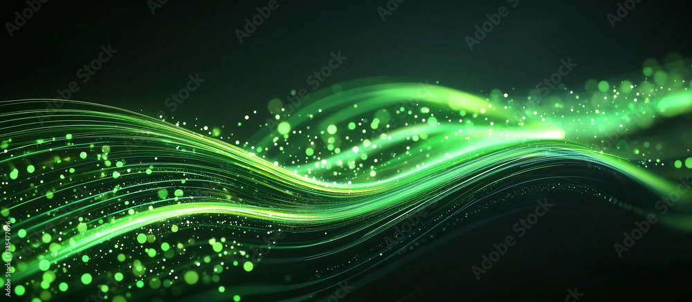 Poster digital green network interface with flowing lines and nodes