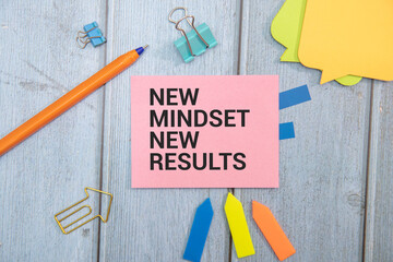 top view image of table with open notebook and the text new mindset new results