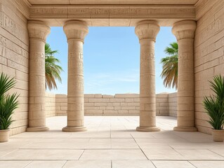 Fototapeta premium Ancient Egyptian temple interior with columns, palm trees, and blue sky