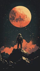 Astronaut standing on a rocky surface looking at a celestial body