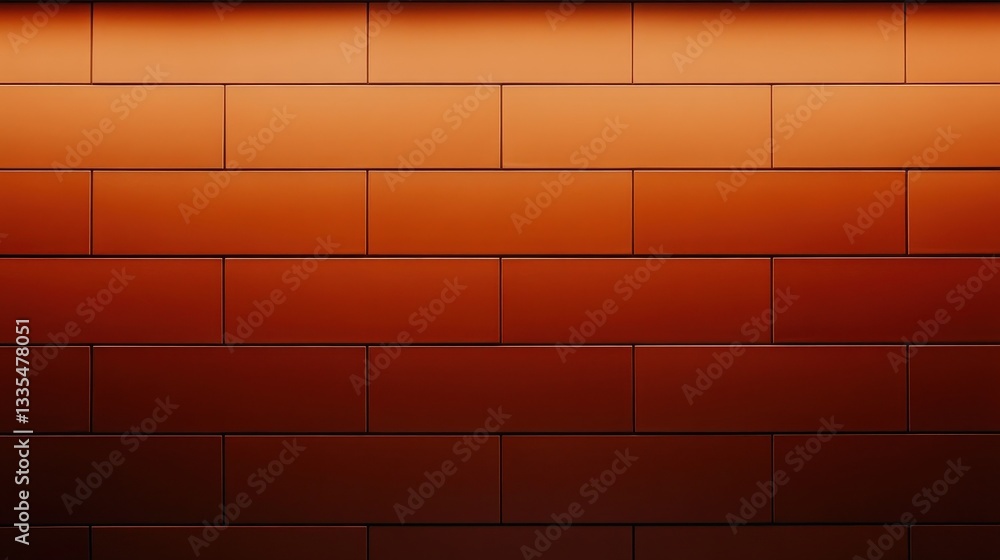 Poster a smooth, warm-toned wall featuring rectangular tiles arranged in a neat pattern, creating a modern 