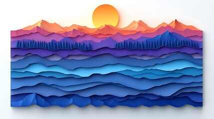 Layered paper art sunset landscape.