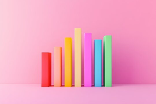 Vibrant 3d bar graph displayed on computer screen with pastel pink background and ample copy space