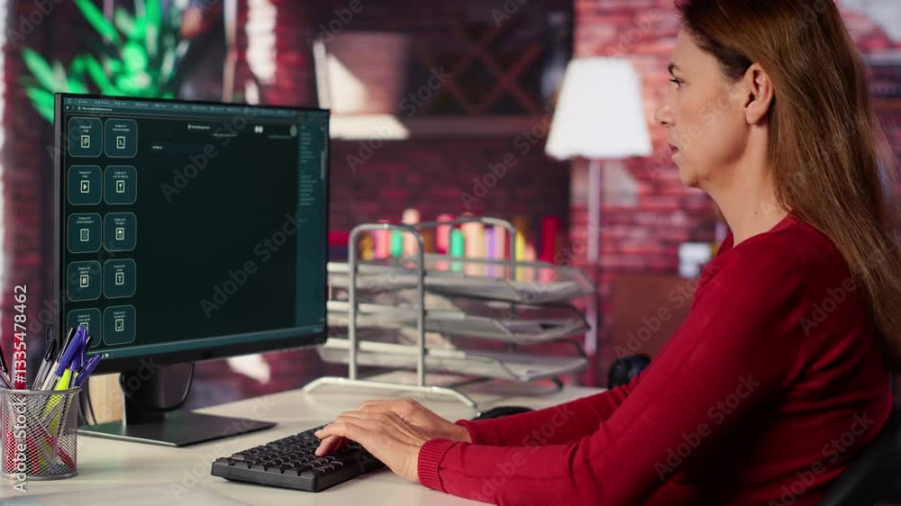 Poster woman typing prompts into an ai powered chat system on her computer, advanced virtual assistant show