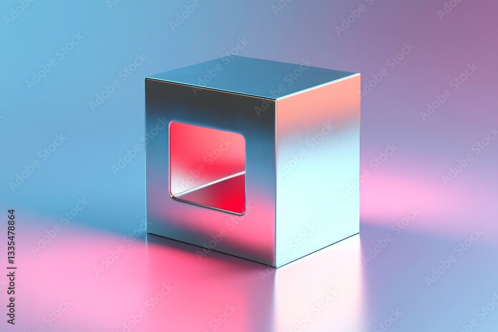 Poster matte silver cube with rounded corners and glowing red interior on reflective surface with gradient