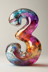 Sculptural fluid number 3 with melted glass-like texture and intricate abstract color gradients.