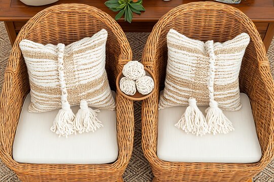 Two wicker chairs feature decorative pillows and decorative wooden balls