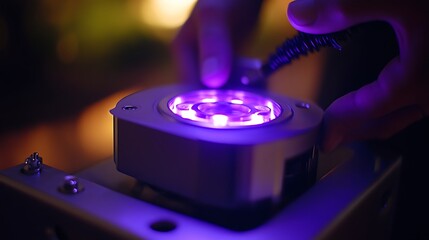 Obraz premium Close-up of hands connecting a purple LED light.