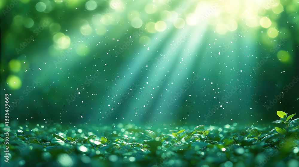 Poster soft blue light beam spreading over calming green background with sparkling particles and gentle bok