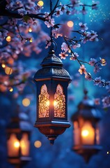 Glowing Lantern Hanging Among Cherry Blossoms with Soft Blue Hues and Sparkling Lights

