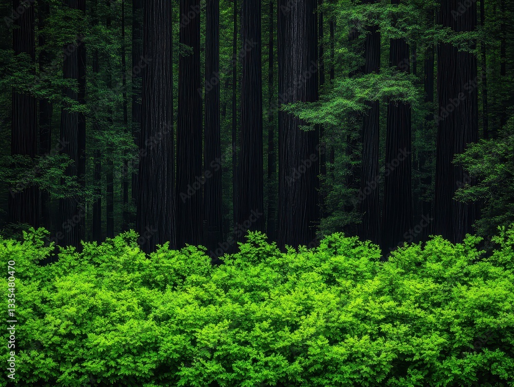 Aufkleber lush green foliage in a serene forest setting with towering trees and shadows
