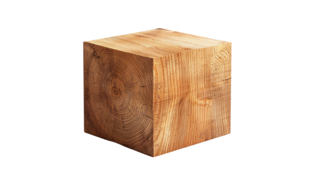 Wooden cube showing growth rings on transparent background