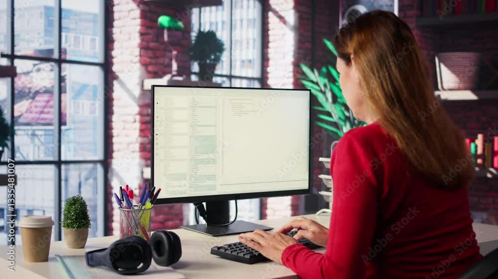 Poster woman engaging with an intelligent ai chatbot to complete work related tasks, working from loft apar