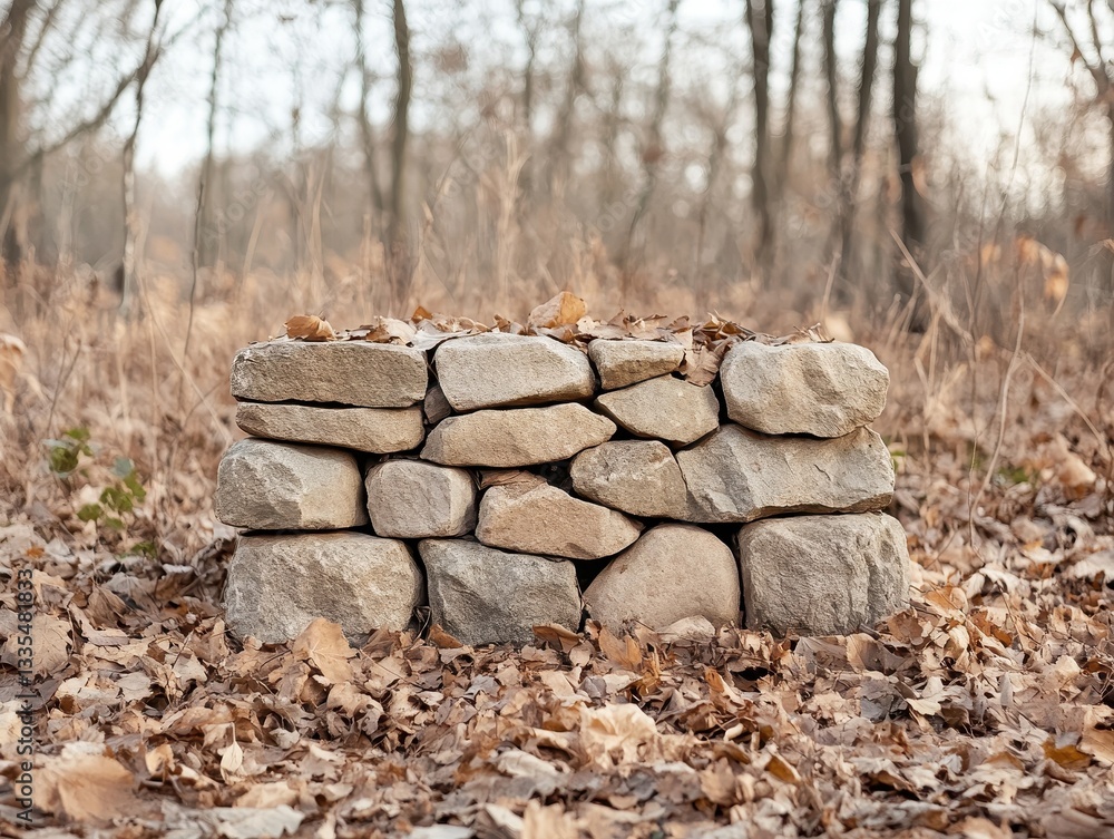 Poster a rustic stone structure surrounded by autumn leaves in a serene forest setting