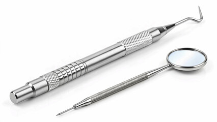 a set of dental instruments, including a dental mirror, probe, and scaler