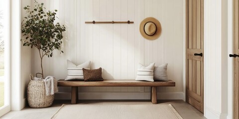 A beautifully decorated entrance hall featuring natural elements and warm tones
