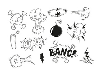 Boom effects and explosion elements vector. Comic-style zap, bam, and smoke sketch elements for dynamic designs. Perfect for illustrations, comics, cartoons, and graphic design